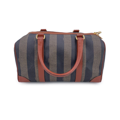 Fendi Vintage Pequin Striped Canvas Brown Leather Boston Bag