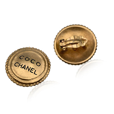 Chanel Vintage Gold Metal Round Coco Chanel Clip On Earrings