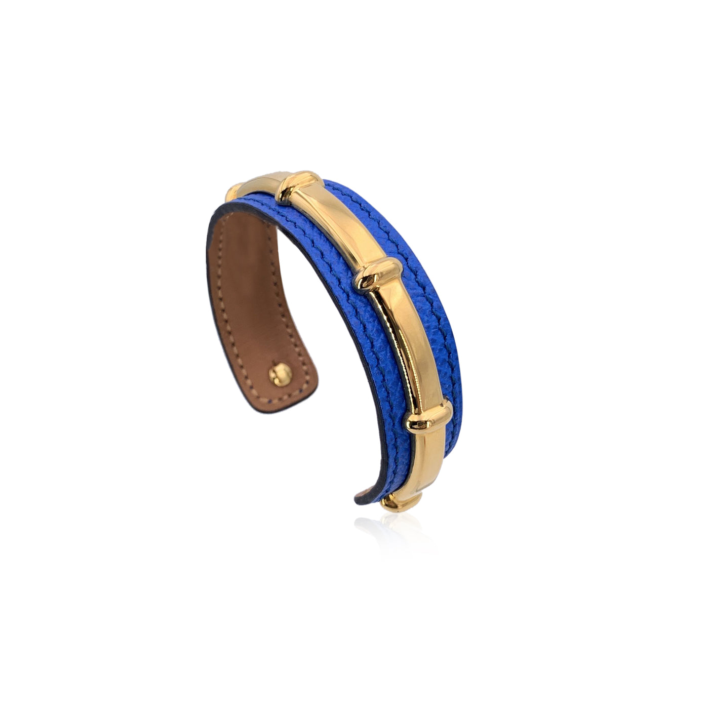 Hermes Blue Leather and Gold Metal Agatha Cuff Bracelet