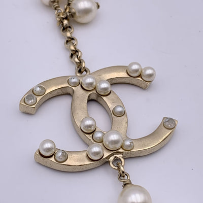 Chanel Light Gold Metal CC Logo Chain Long Necklace Pearls Beads
