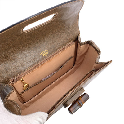 Gucci Rare Vintage Brown Leather Bamboo Top Handle Bag Handbag