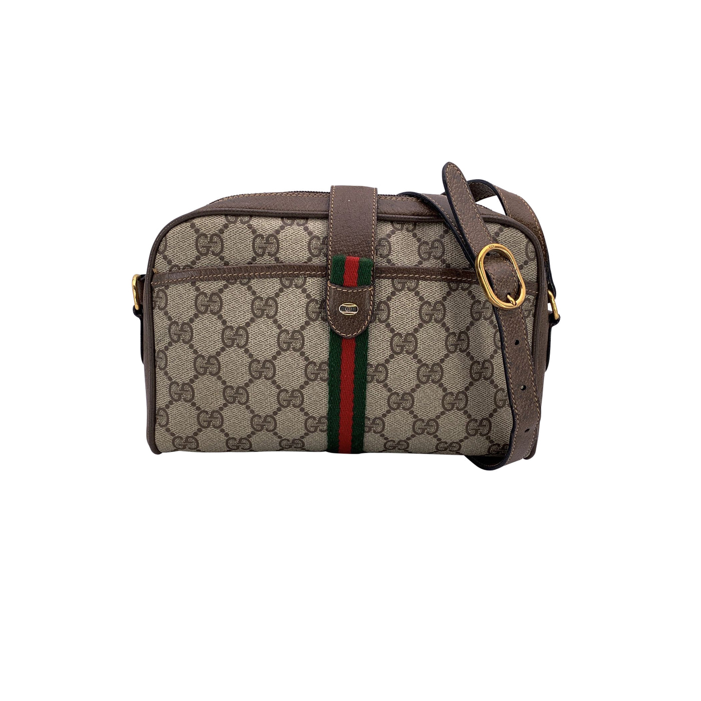 Gucci Vintage Brown Monogram Ophidia Web Zip Crossbody Bag