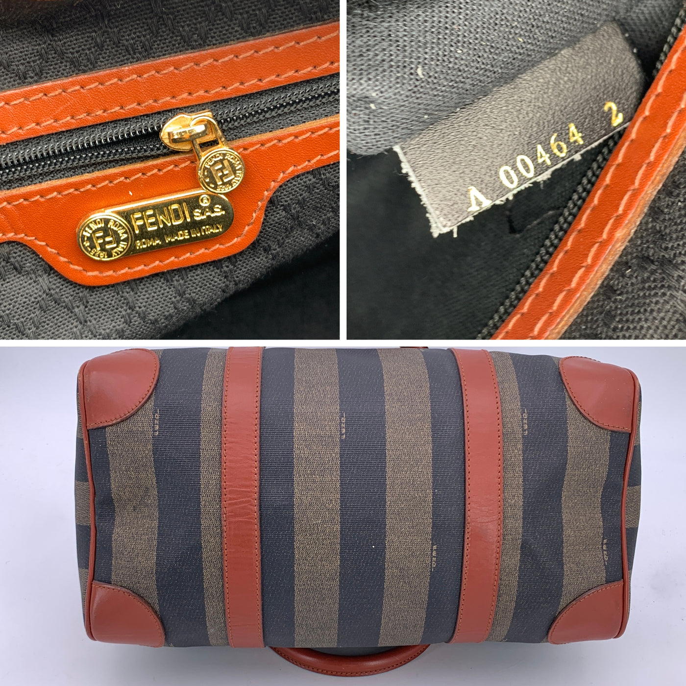 Fendi Vintage Pequin Striped Canvas Brown Leather Boston Bag