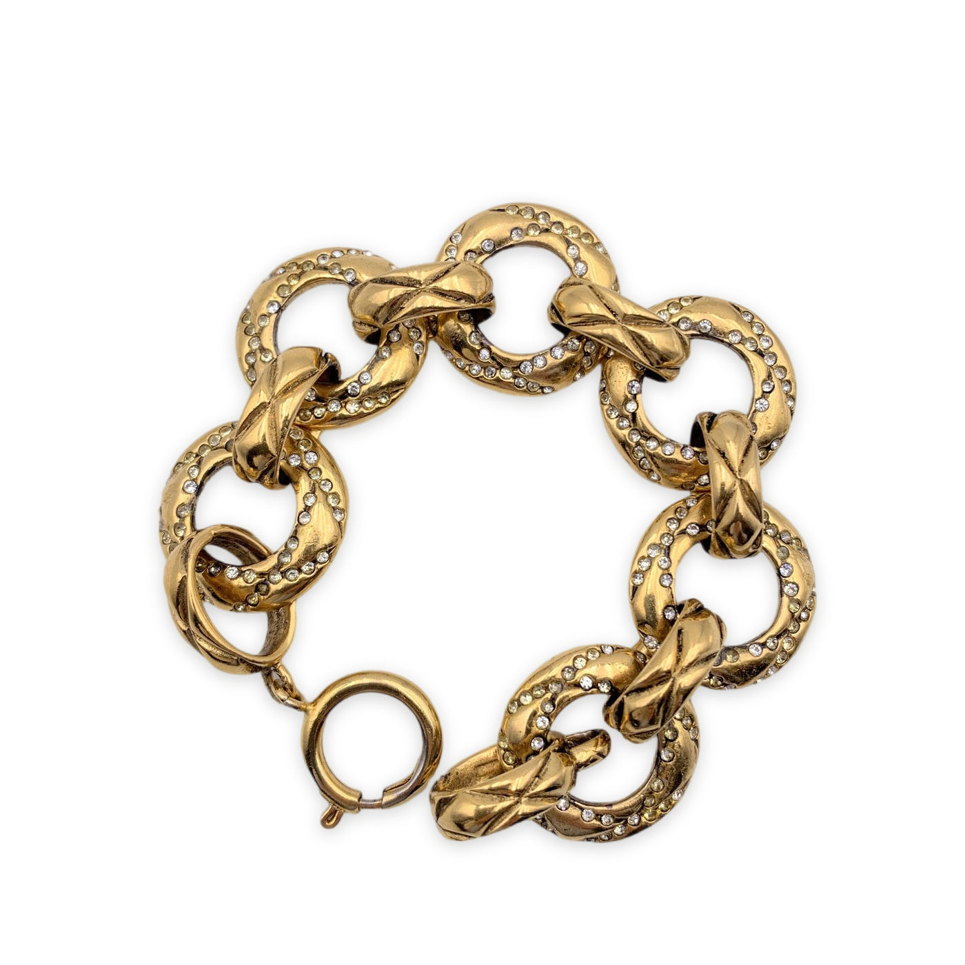 Chanel Vintage Gold Metal Crystals Chain Ring Link Bracelet