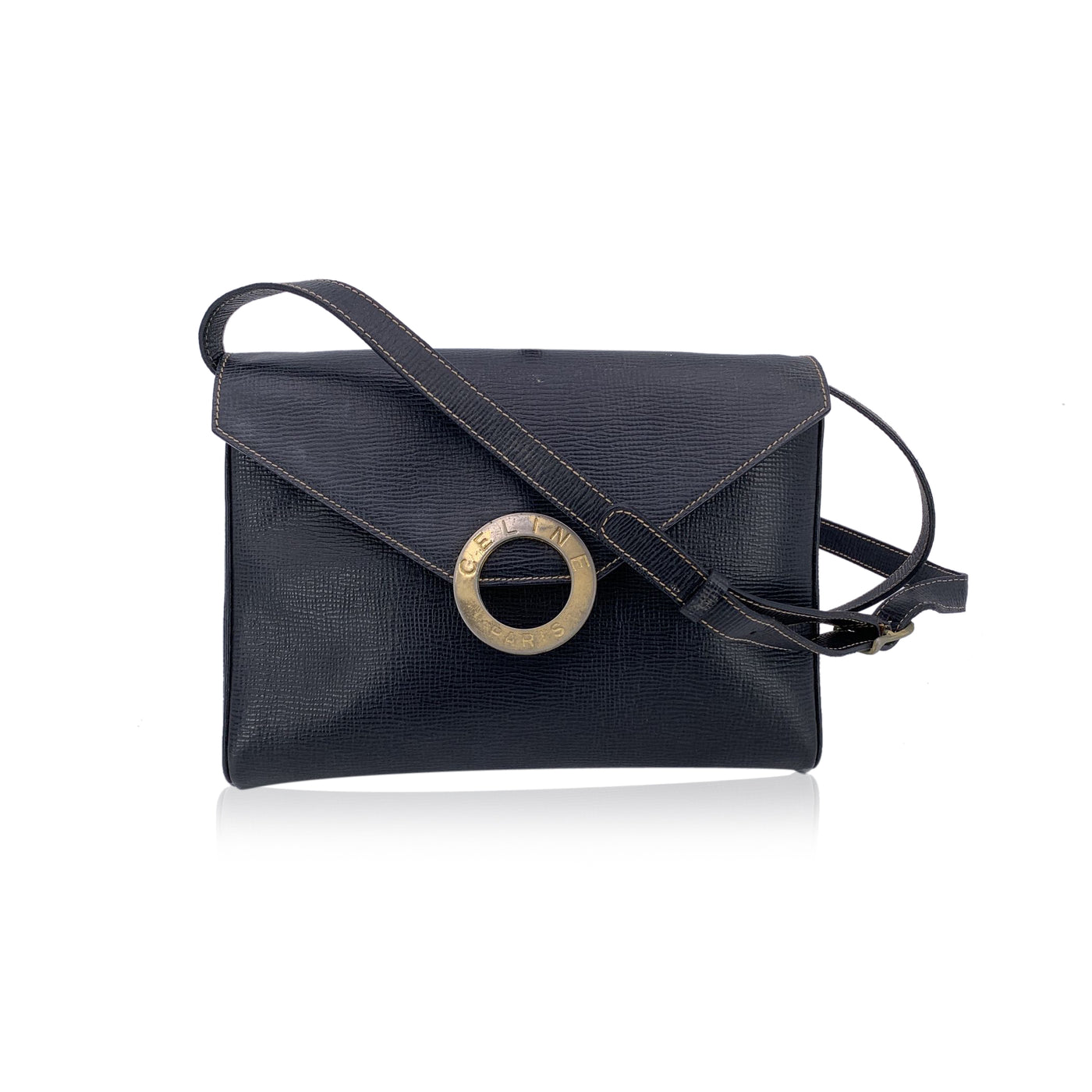 Celine Vintage Black Leather Ring Convertible Shoulder Bag