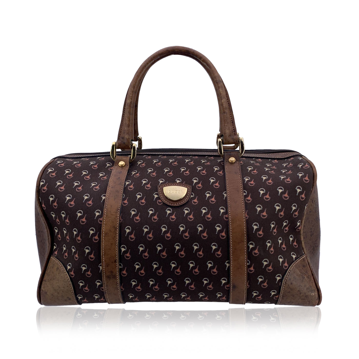 Gucci Vintage Brown Horsebit Canvas and Leather Boston Bag