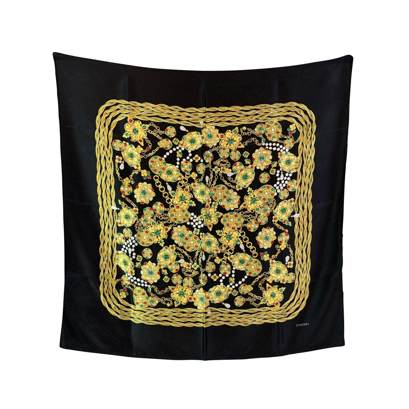 Chanel Vintage Black Silk Scarf Bijoux Jewels Print