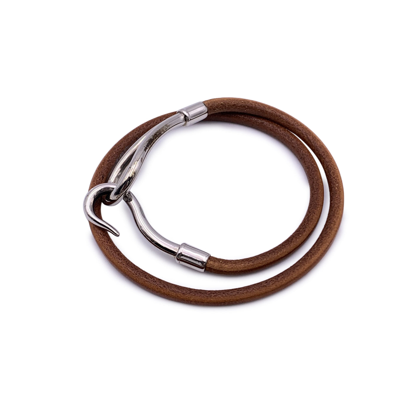 Hermes Tan Leather Double Tour Silver Metal Jumbo Hook Bracelet