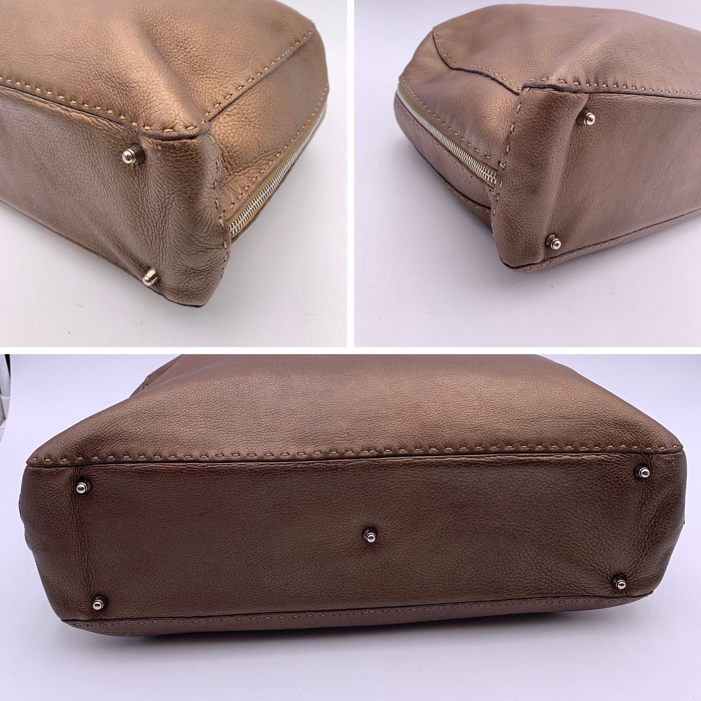 Fendi Selleria Brown Metallic Leather Large Satchel Handbag Duffle