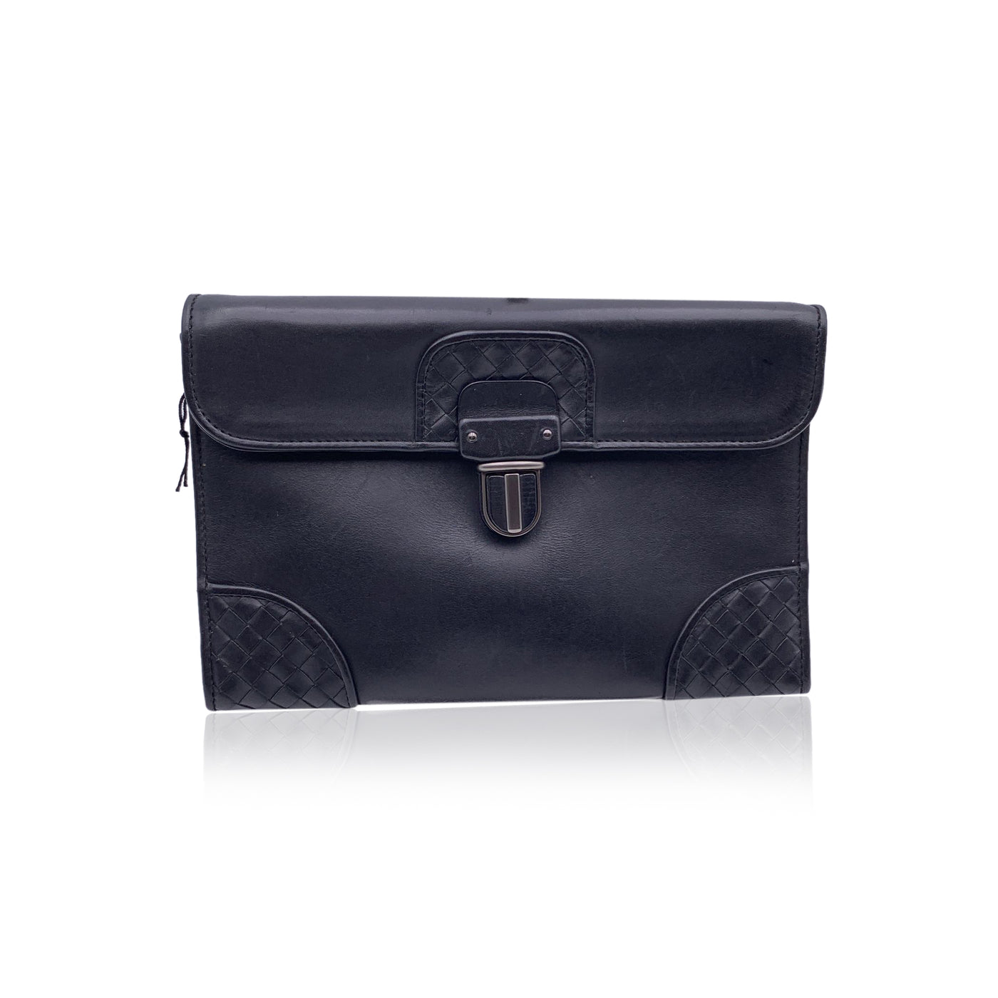 Bottega Veneta Black Leather Intrecciato Slide Lock Clutch Wrist Bag
