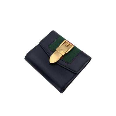 Gucci Black Leather Web Signature Sylvie Compact Trifold Wallet