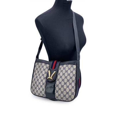 Gucci Vintage Navy Blue Monogram Canvas Shoulder Bag Tote