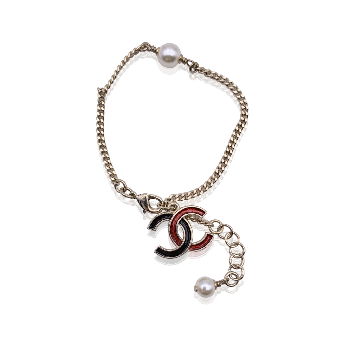 Chanel Light Gold Metal Black Red Enamel CC Logo Chain Bracelet