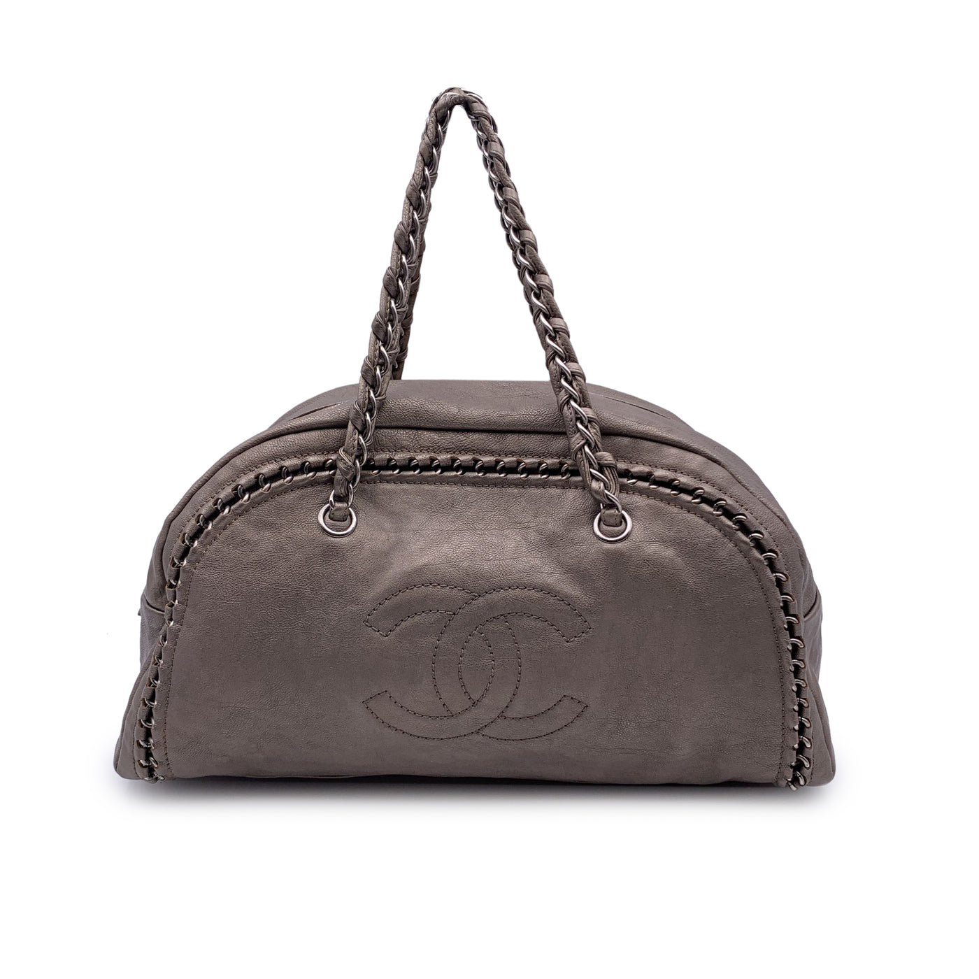 Chanel Taupe Leather Luxe Ligne Chain Around Bowling Bowler Bag