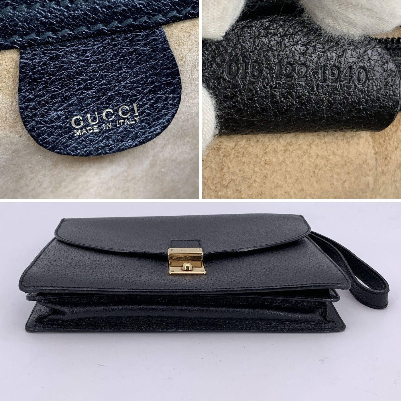 Gucci Vintage Black Leather Clutch Bag Wristlet Wrist Bag