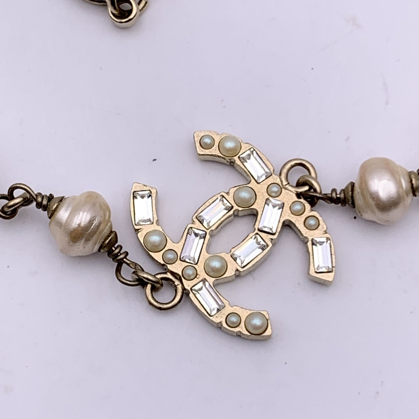 Chanel Light Gold Metal Long Necklace CC Logo Baroque Pearls Beads