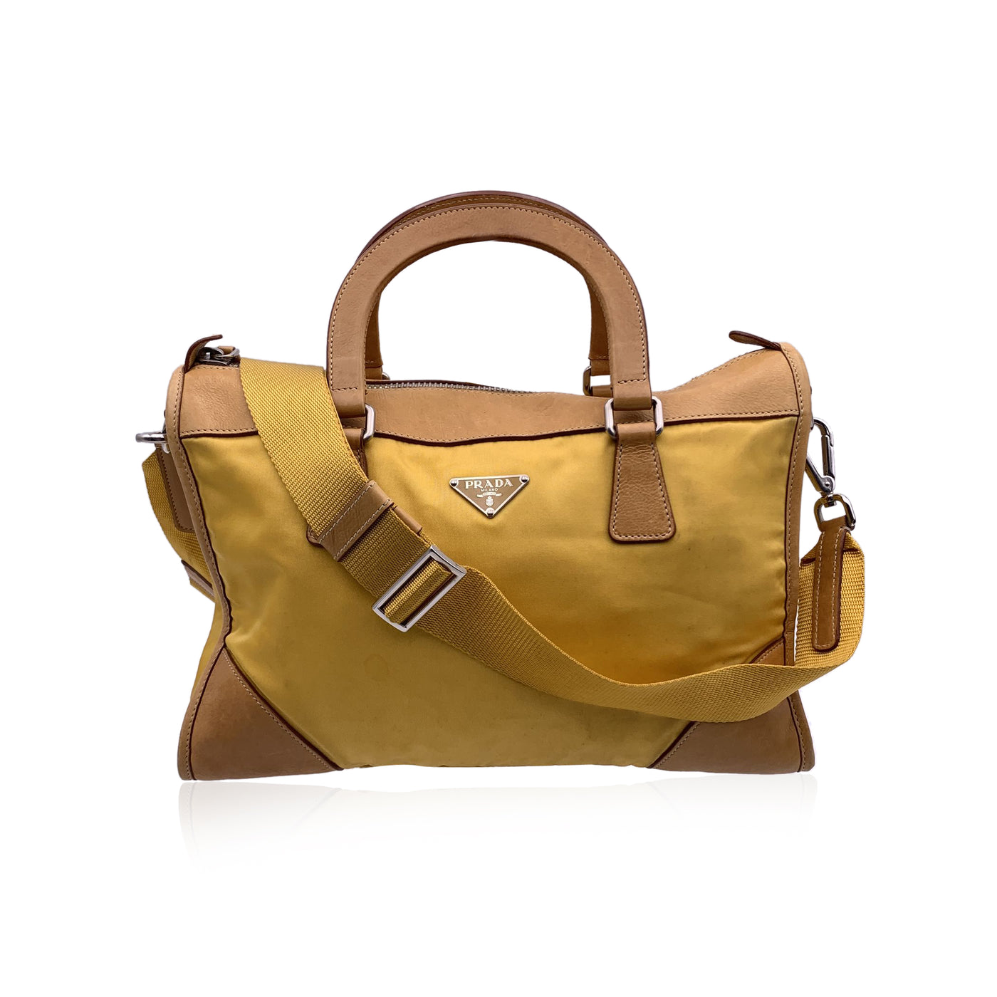 Prada Yellow Nylon and Leather Satchel Bag Handbag with Strap