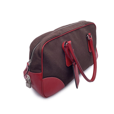 Prada Vintage Brown and Red Leather Bowling Bag Satchel B10804