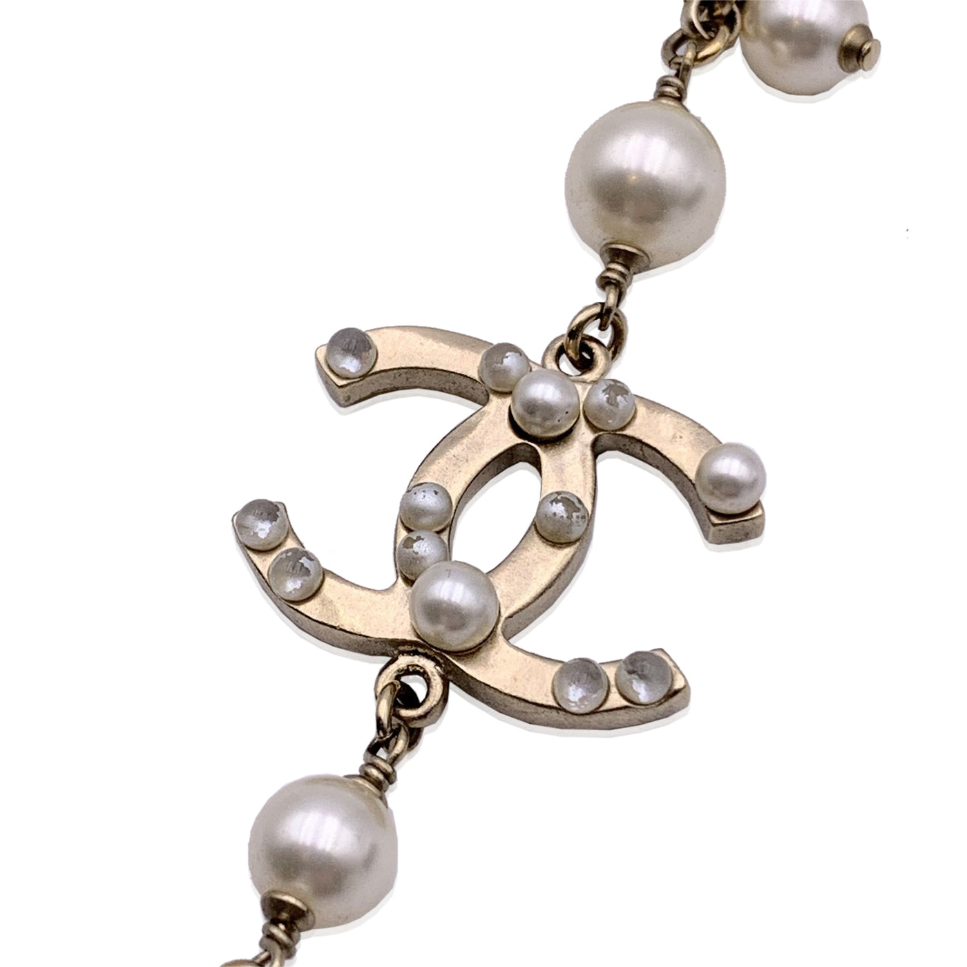 Chanel Light Gold Metal CC Logo Chain Long Necklace Pearls Beads
