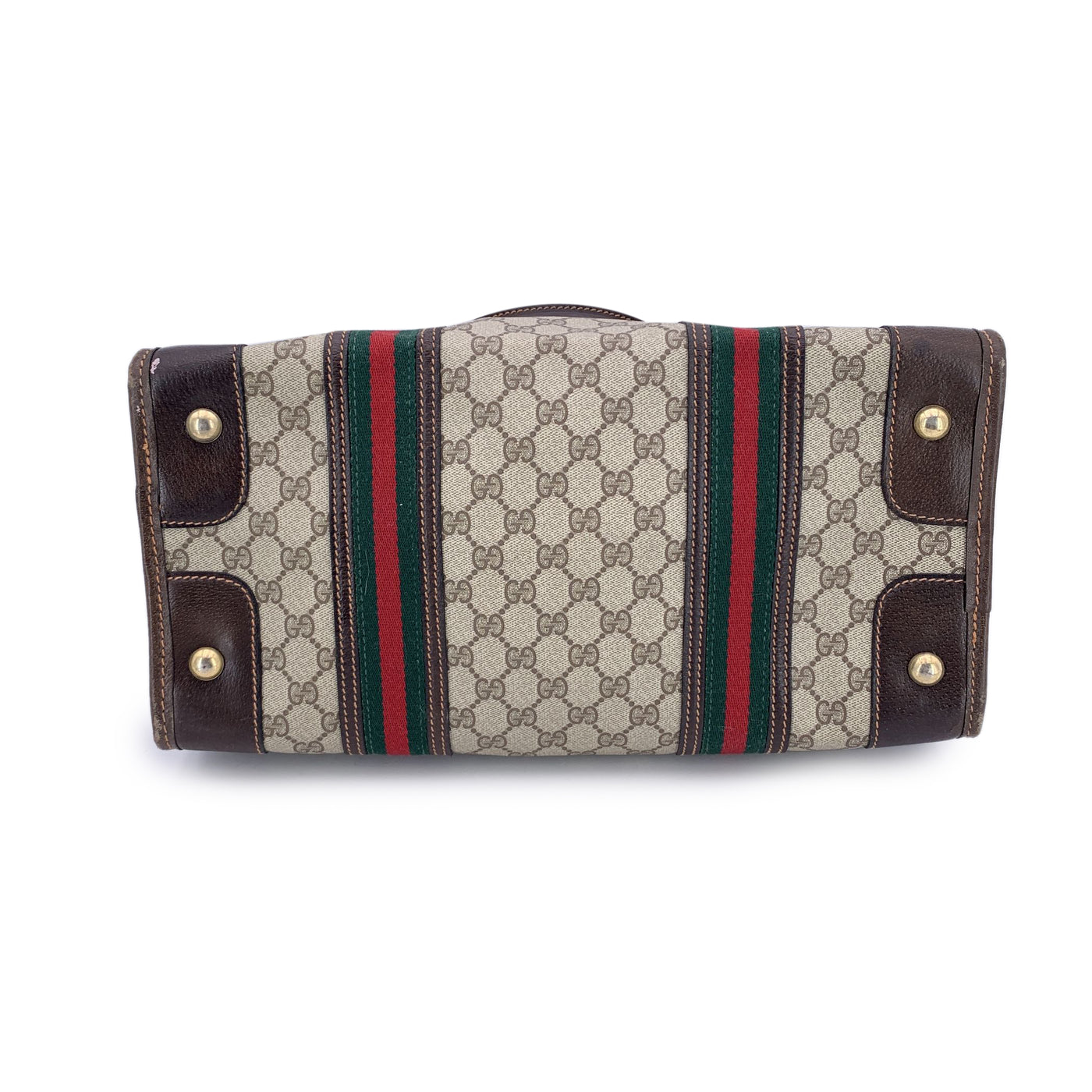 Gucci Vintage Brown Monogram Canvas Satchel Bag with Stripes