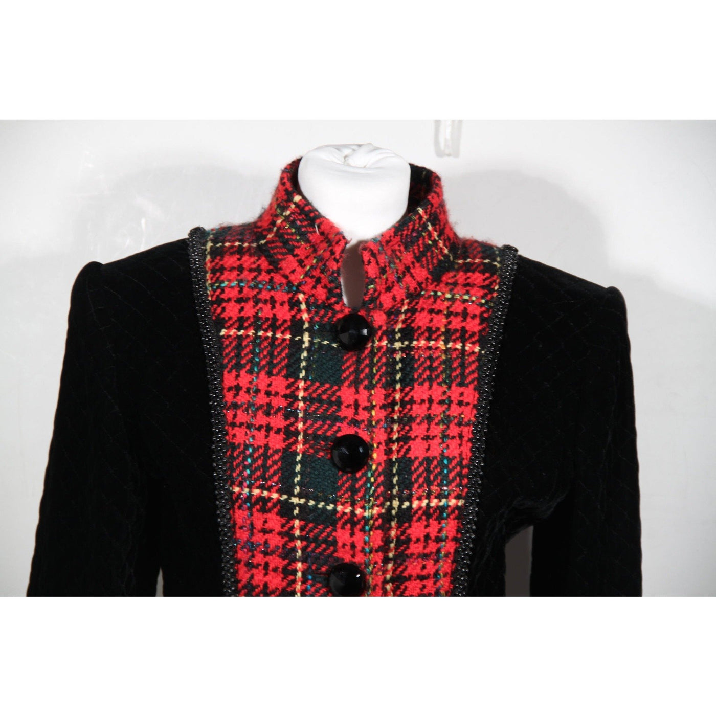 Andrea Odicini Vintage Black Velvet Red Tartan Coat Robe Manteau