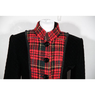 Andrea Odicini Vintage Black Velvet Red Tartan Coat Robe Manteau