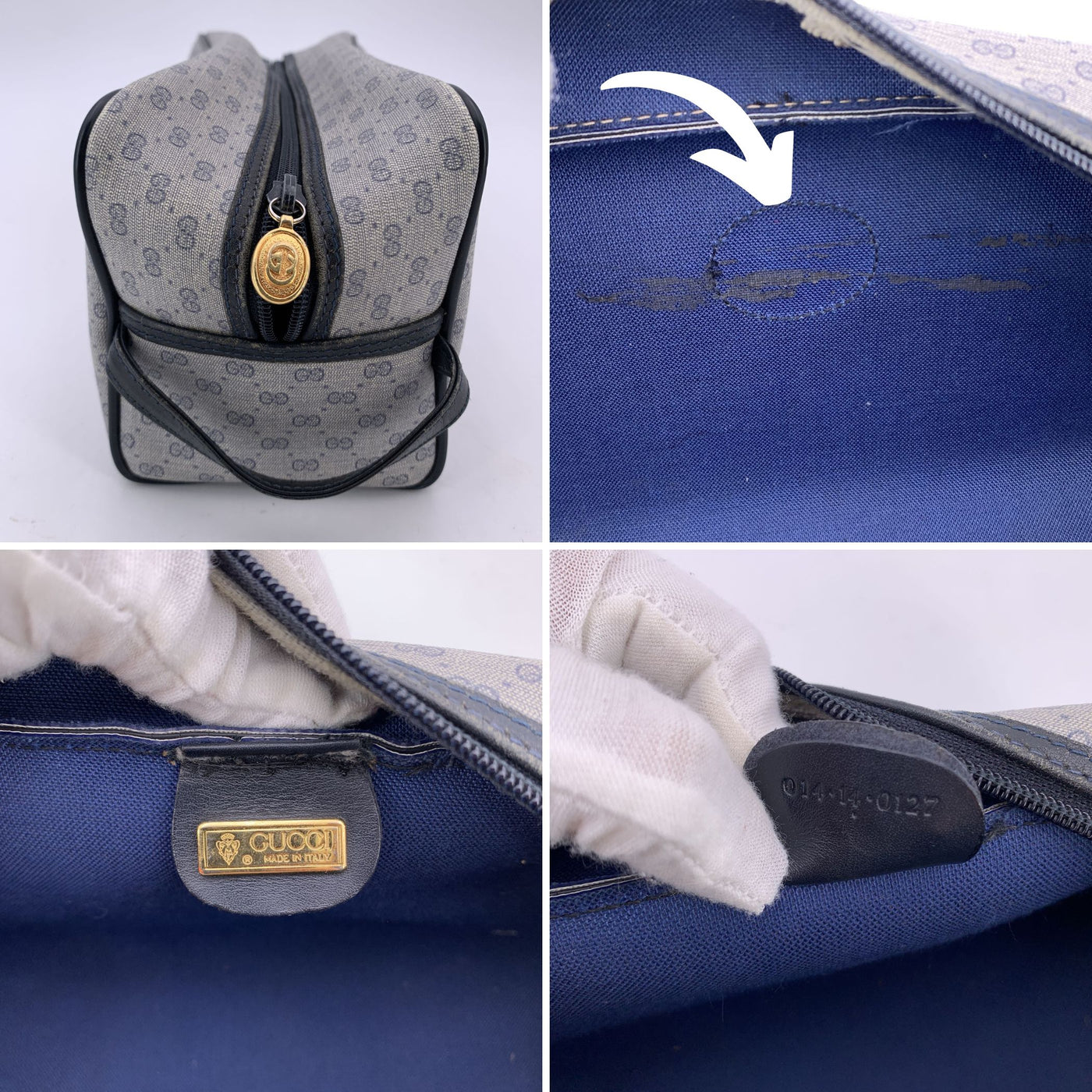 Gucci Vintage Gray Blue Monogram Canvas Clutch Wash Cosmetic Bag