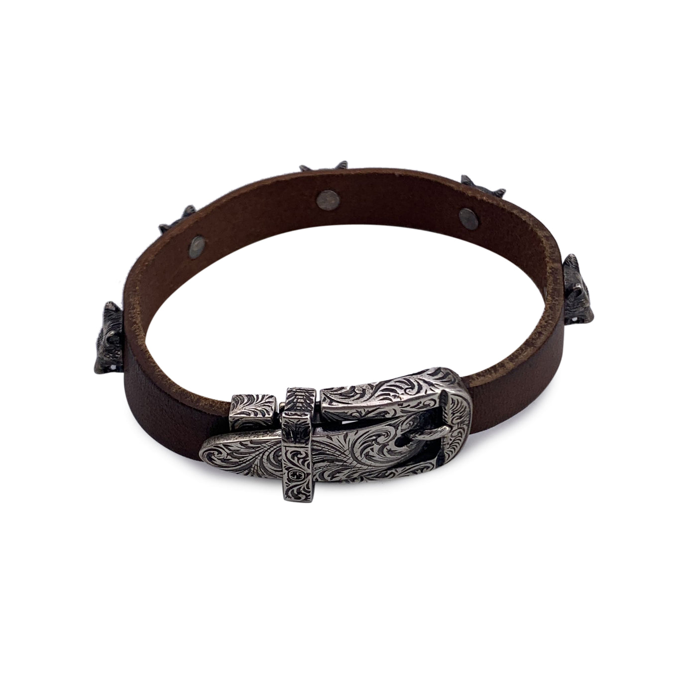 Gucci Brown Leather and Silver Bracelet Wolf Heads Studs Size 18