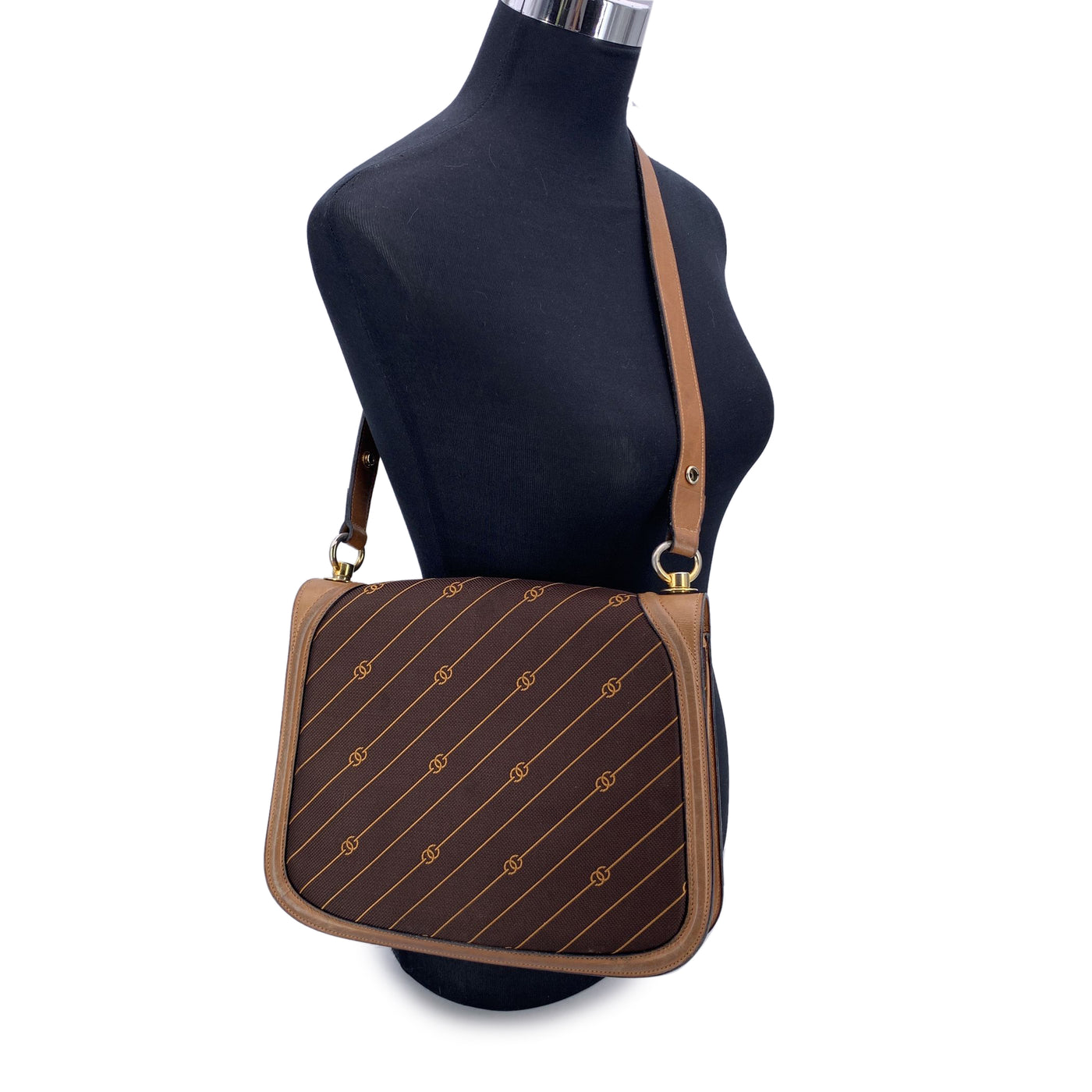 Gucci Vintage Brown Logo Canvas GG Shoulder Bag Tan Leather