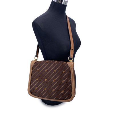 Gucci Vintage Brown Logo Canvas GG Shoulder Bag Tan Leather