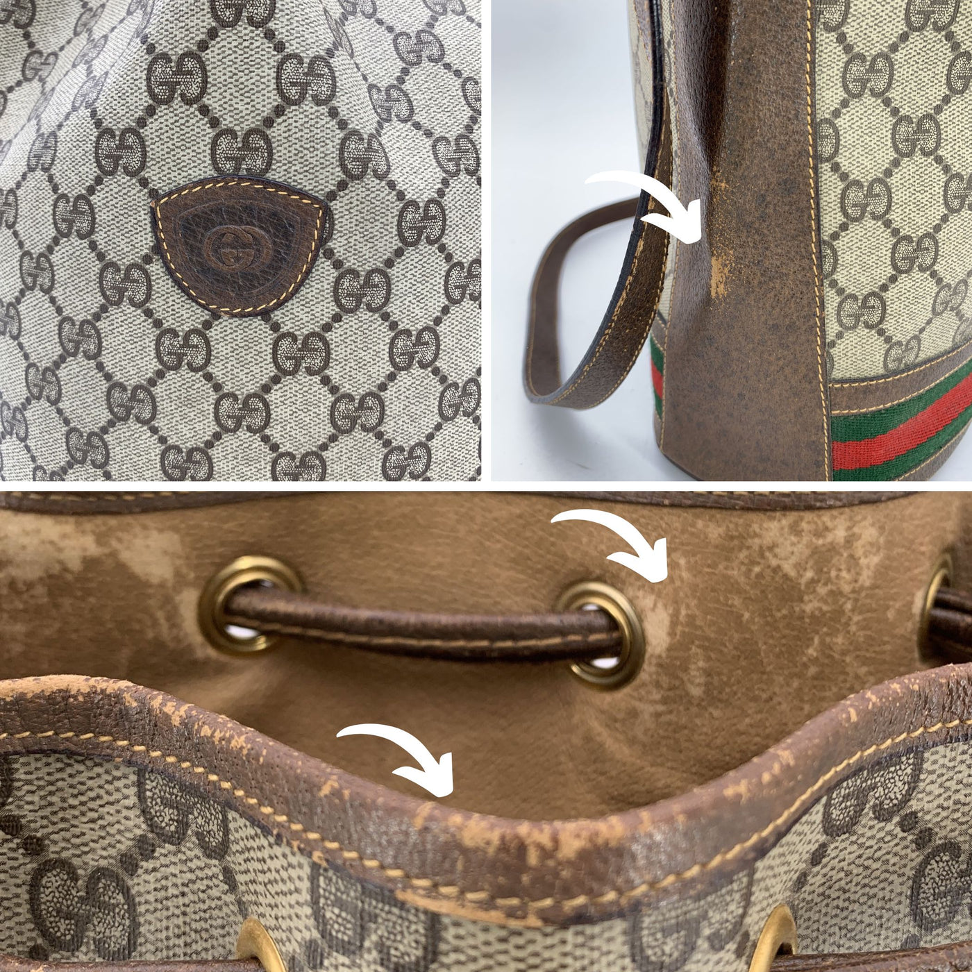 Gucci Vintage Beige Monogram Web Drawstring Bucket Bag