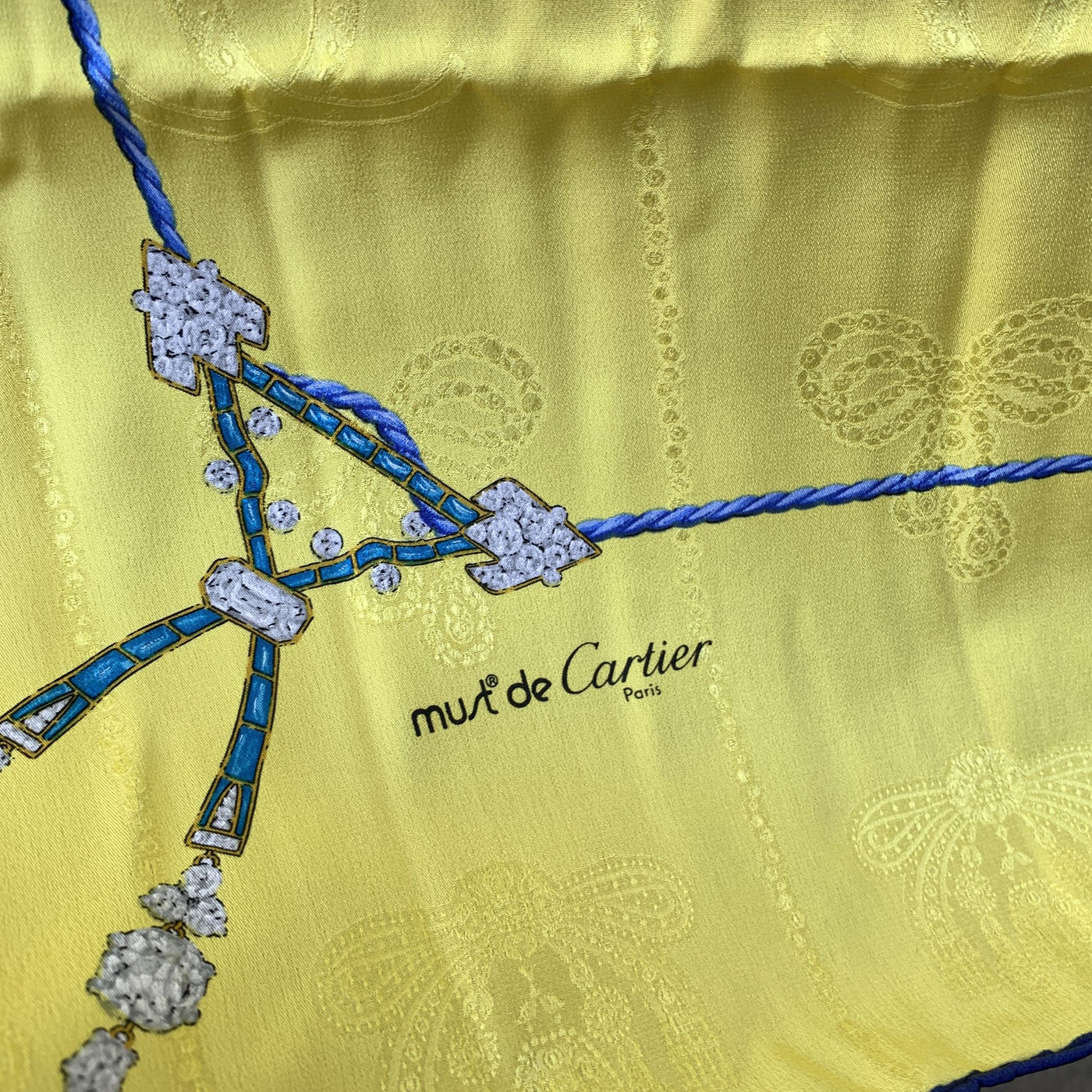 Must De Cartier Vintage Yellow Jacquard Silk Scarf Jewels