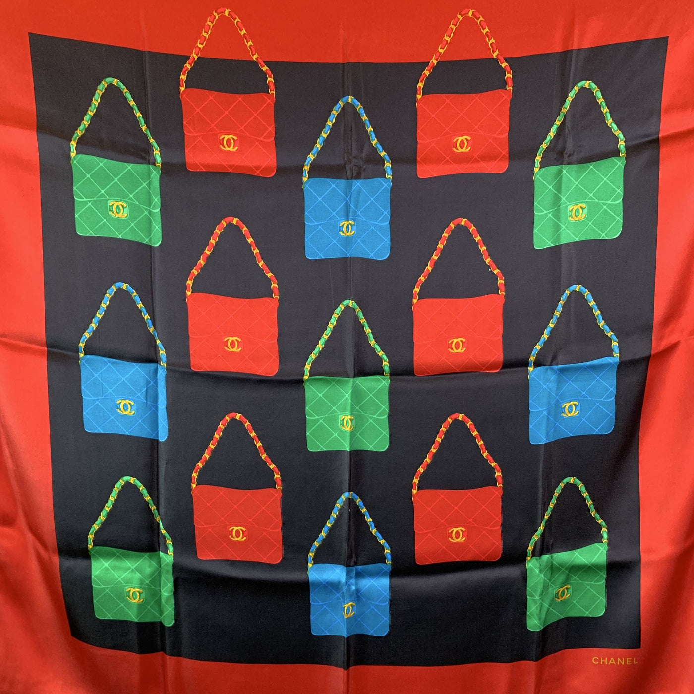 Chanel Vintage Red Silk Scarf Classic Matelasse Flap Bag Print