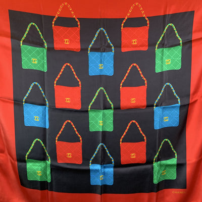 Chanel Vintage Red Silk Scarf Classic Matelasse Flap Bag Print