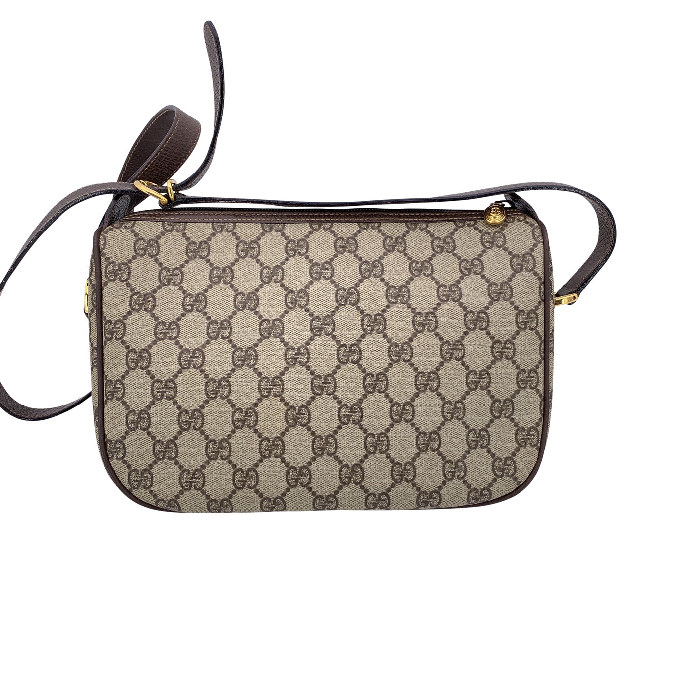 Gucci Vintage Beige Monogram Canvas Zip Messenger Crossbody Bag