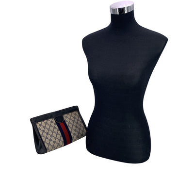 Gucci Vintage Blue Monogram Cosmetic Bag Large Clutch with Stripes
