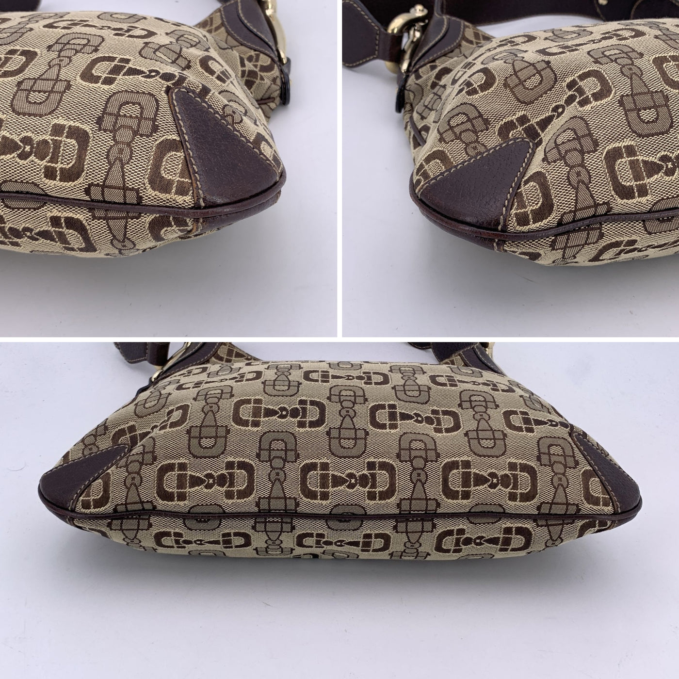Gucci Beige and Brown Canvas Horsebit Print Hobo Shoulder Bag