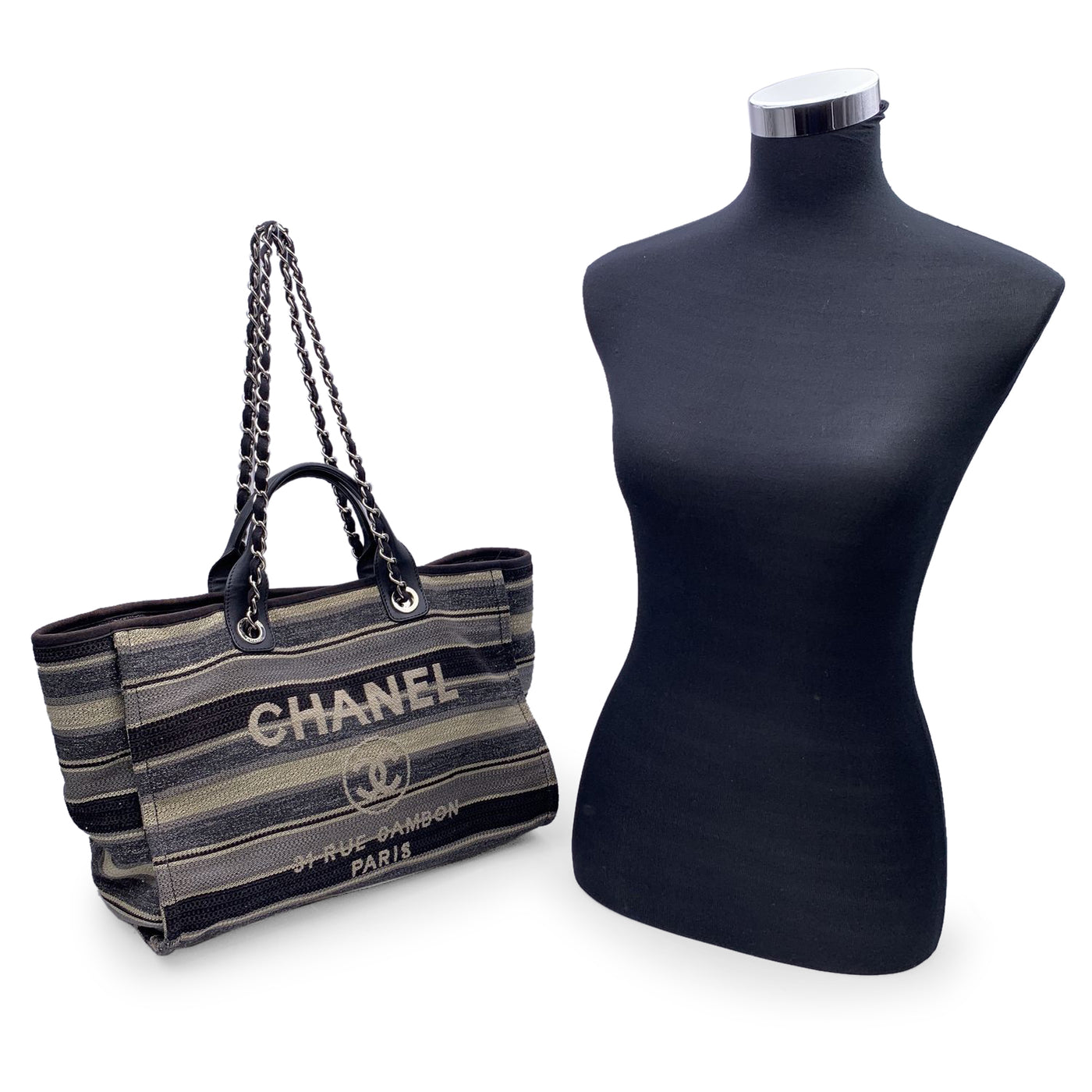 Chanel Black Grey Striped Canvas Medium Deauville Tote Bag