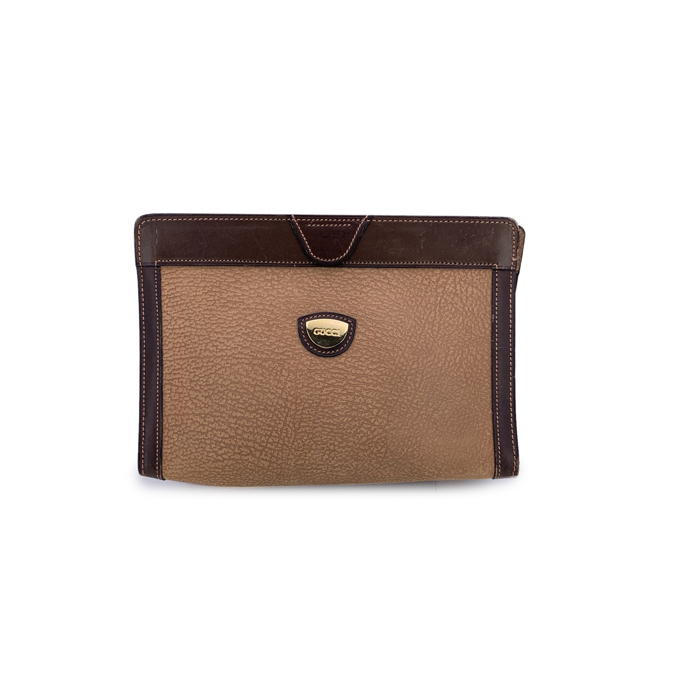 Gucci Vintage Beige Brown Leather Cosmetic Bag Clutch Pouch