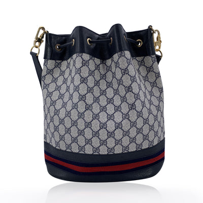 Gucci Vintage Blue Monogram Drawstring Bucket Bag with Stripes