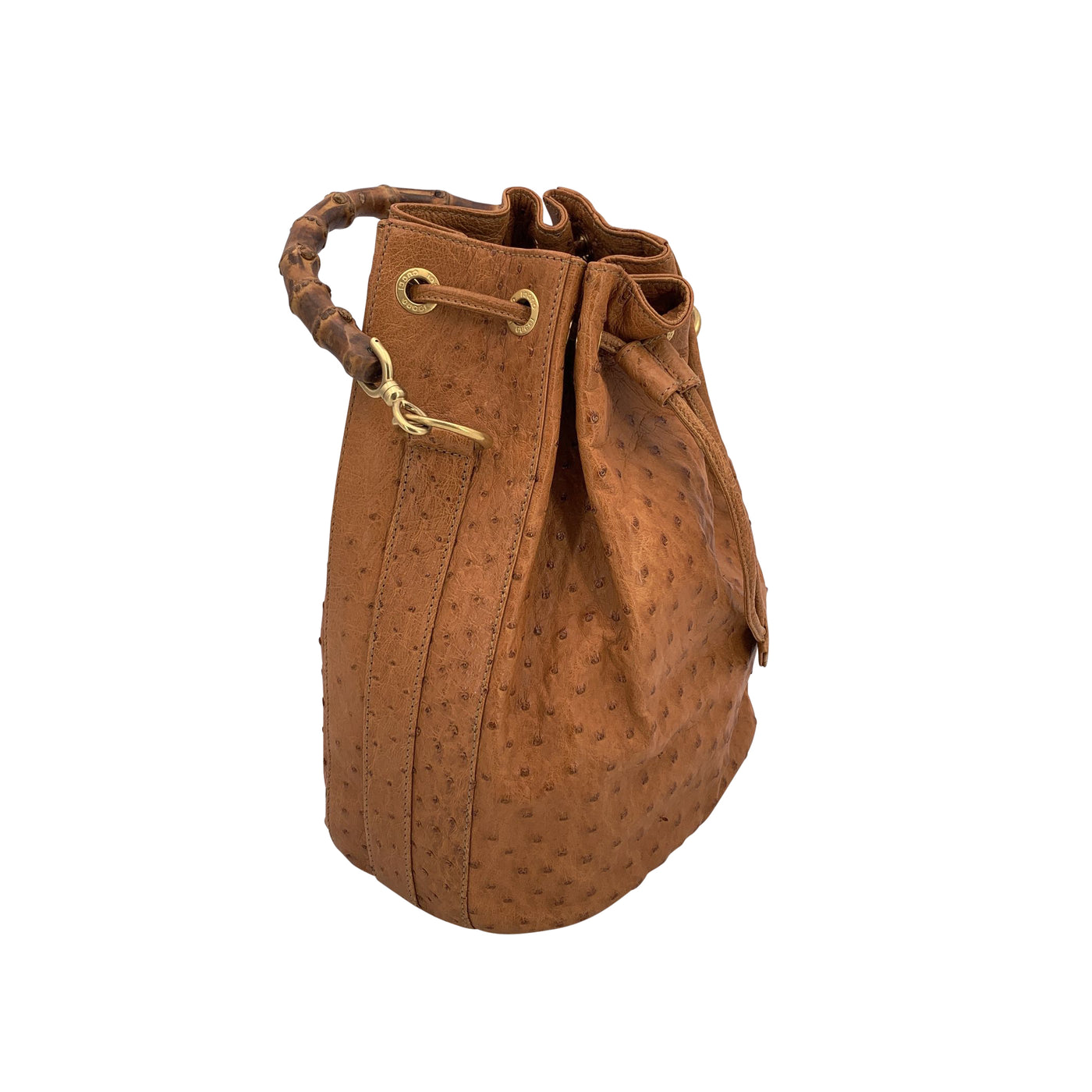 Gucci Vintage Tan Leather Bamboo Drawstring Bucket Handbag