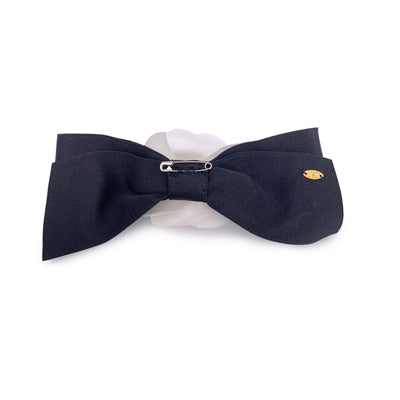 Chanel Vintage White Silk Black Satin Bow Camellia Camelia Brooch