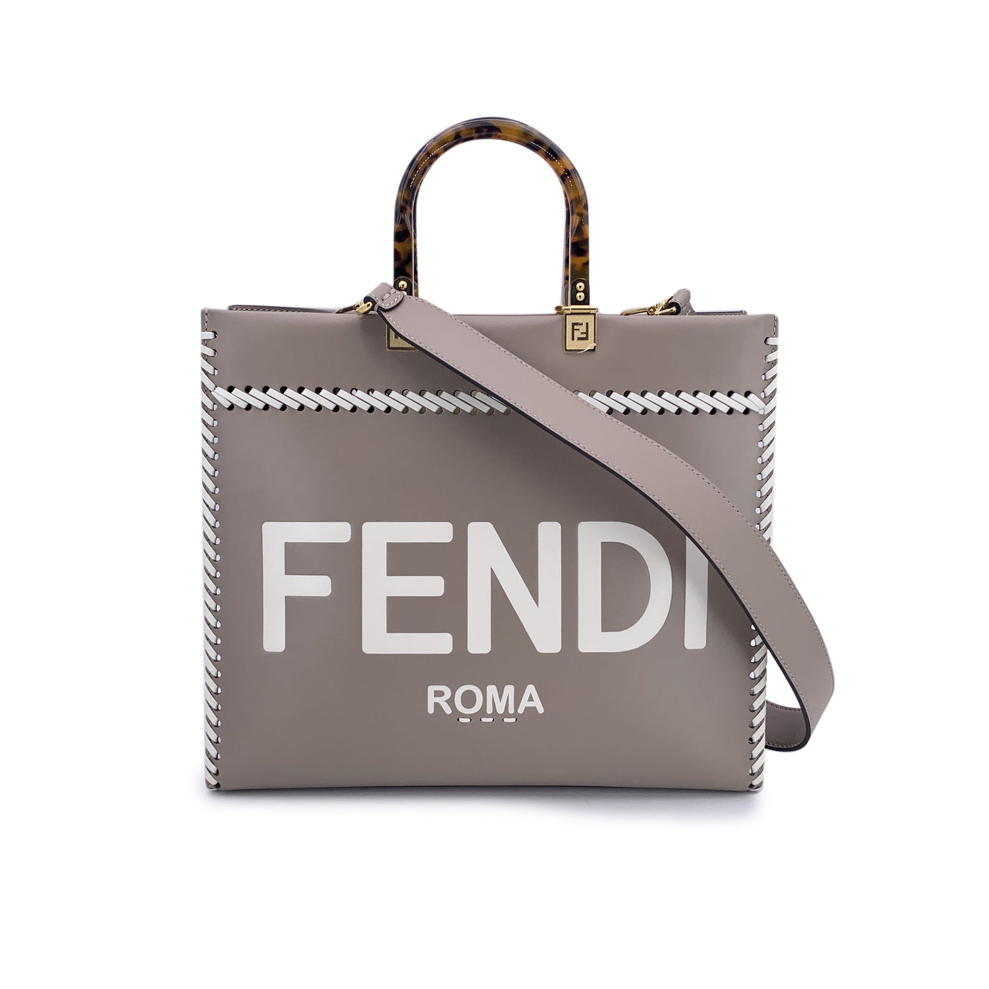 Fendi Taupe Leather Tote Bag Sunshine Medium Plexi Handle