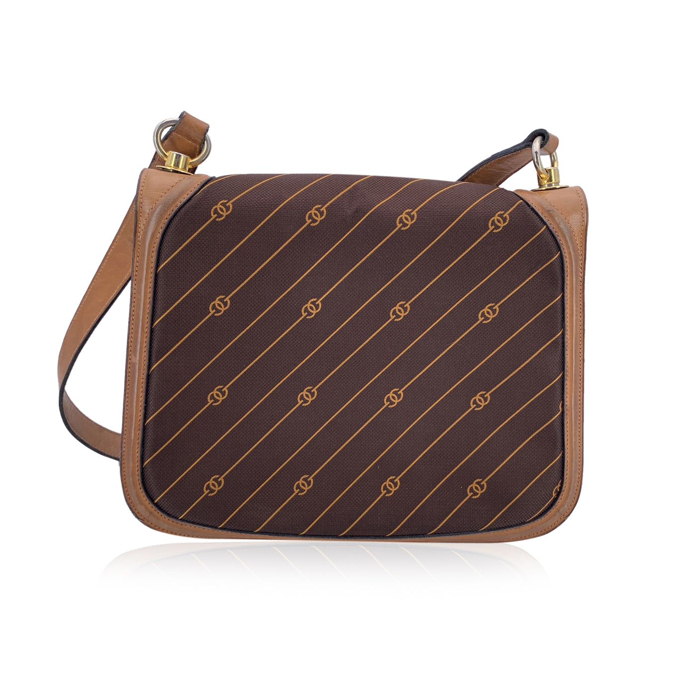 Gucci Vintage Brown Logo Canvas GG Shoulder Bag Tan Leather