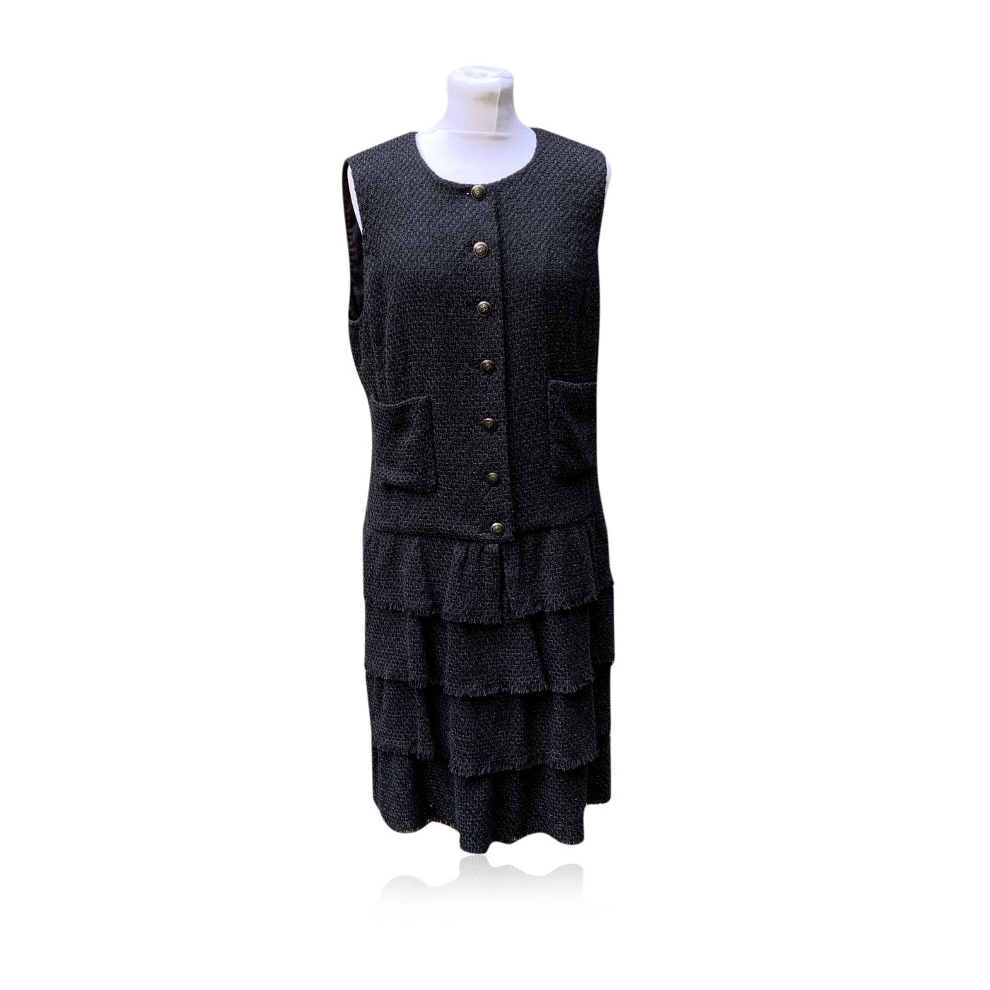 Chanel 2012 Black Cotton Tweed Tiered Sleeveless Dress Size 44 FR