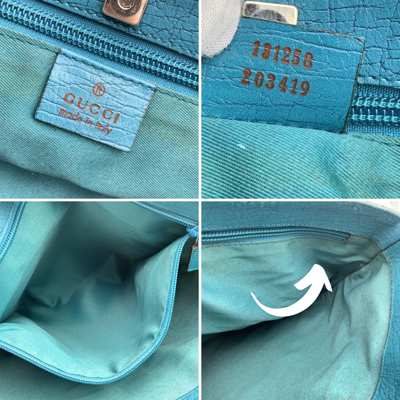 Gucci Beige GG Monogram Canvas Tote Shopping Bag Teal Leather