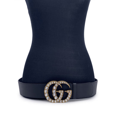 Gucci Black Leather Marmont Wide Belt with Crystal GG Buckle 110/44