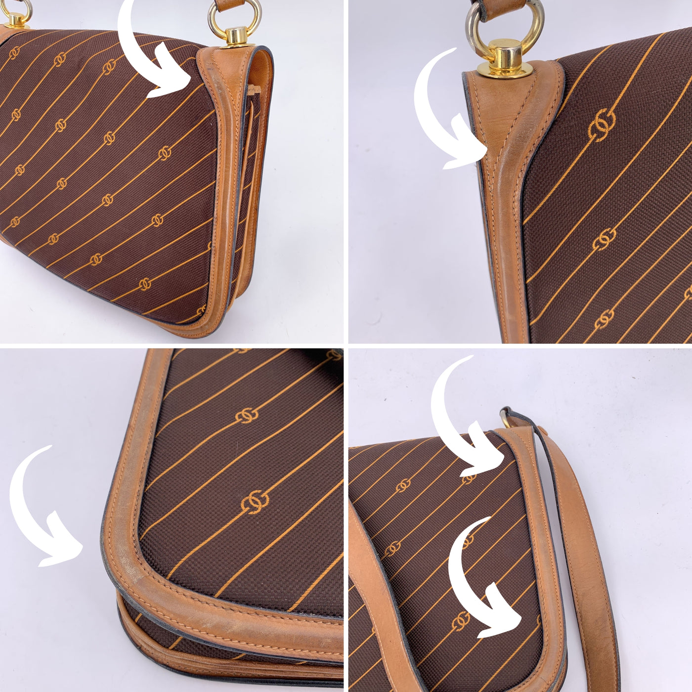 Gucci Vintage Brown Logo Canvas GG Shoulder Bag Tan Leather