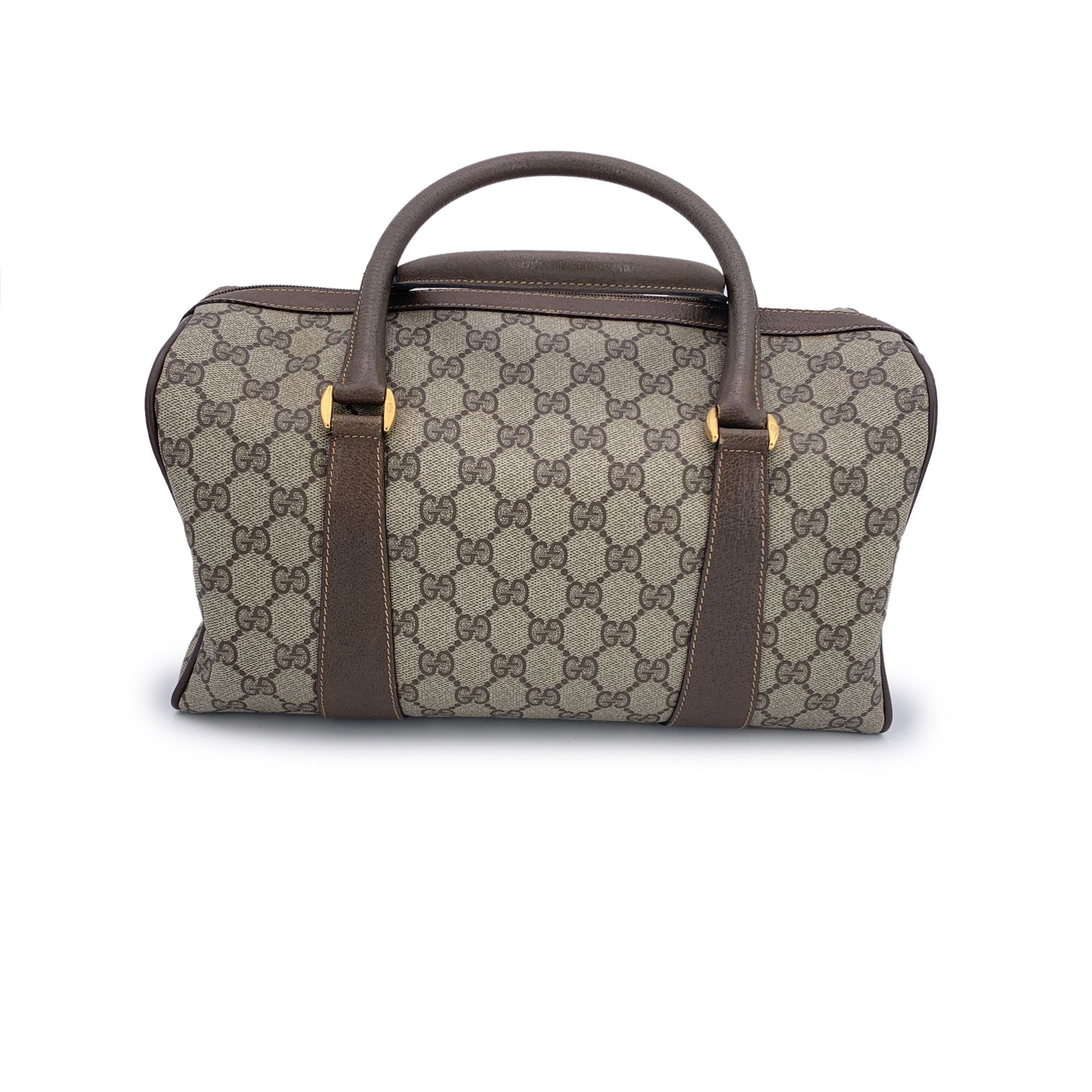 Gucci Vintage Beige Monogram Canvas Leather GG Logo Boston Bag