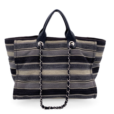 Chanel Black Grey Striped Canvas Medium Deauville Tote Bag